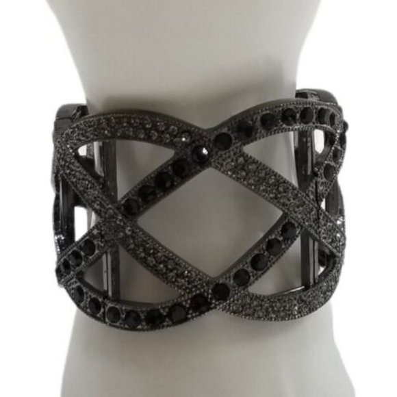 Jewelry - Dark Silver Black Crystals Rhinestone Woven Hollow Out Cuff Bangle Bracelet